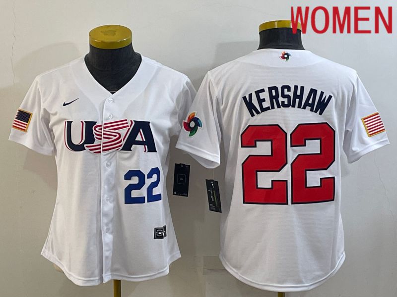 Women 2023 World Cub USA #22 Kershaw White Nike MLB Jersey5